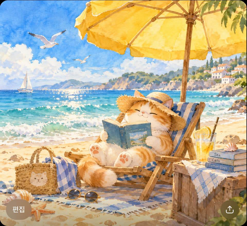 챗GPT가 그린 그림 — 의자에 앉아 책 읽는 고양이, 책 제목 글자까지 그림 (챗GPT · 2026-10-09 · 유료 계정)