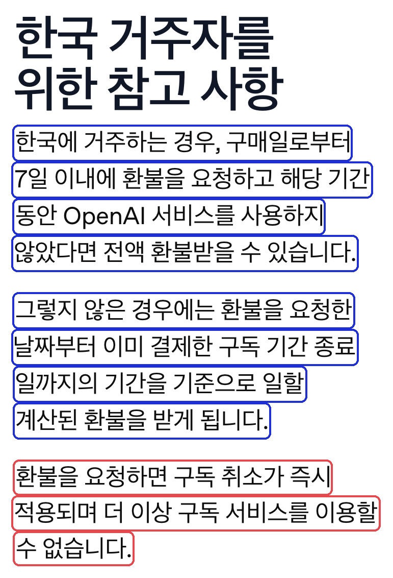OpenAI 도움말 「ChatGPT 구독료 환불은 어떻게 요청하나요?」 한국 거주자 절 — 파랑은 환불 기준, 빨강은 요청 즉시 이용 종료 (2026-10-12 캡처)