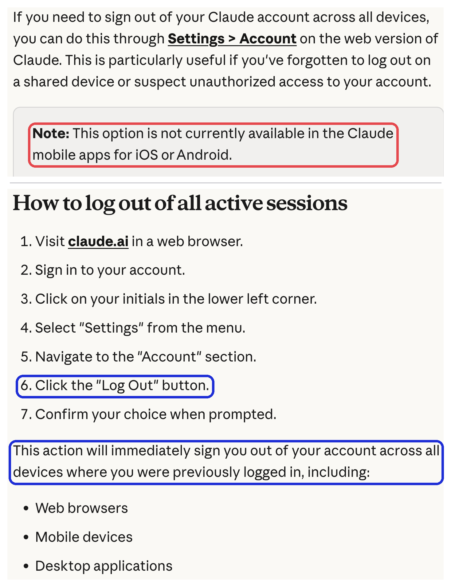 Anthropic 도움말 「How do I log out of all active sessions?」 — 휴대폰 앱에는 없다는 주의, 「Log Out」 단계와 모든 기기에서 로그아웃된다는 줄 표시 (2026-10-12 캡처)