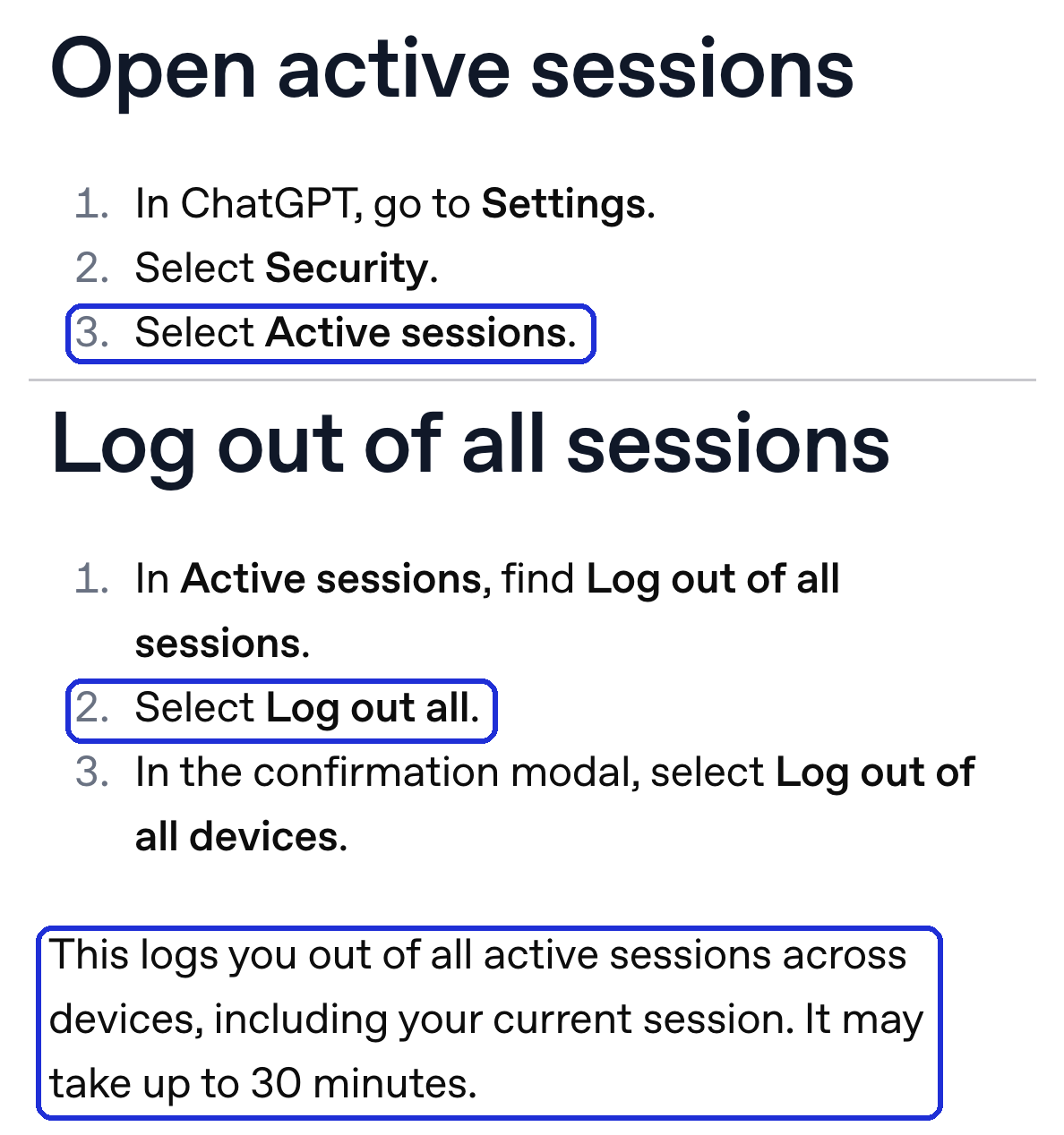 OpenAI 도움말 「Managing active sessions in ChatGPT」 — 활성 세션 여는 곳과 「Log out all」, 「최대 30분」 줄 표시 (2026-10-12 캡처)