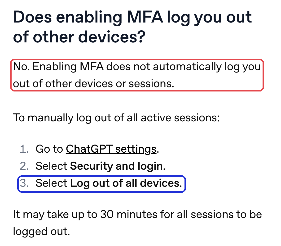 OpenAI 도움말 「Managing multi-factor authentication (MFA)」 — 2단계 인증을 켜도 다른 기기는 로그아웃되지 않는다는 답 (2026-10-12 캡처)