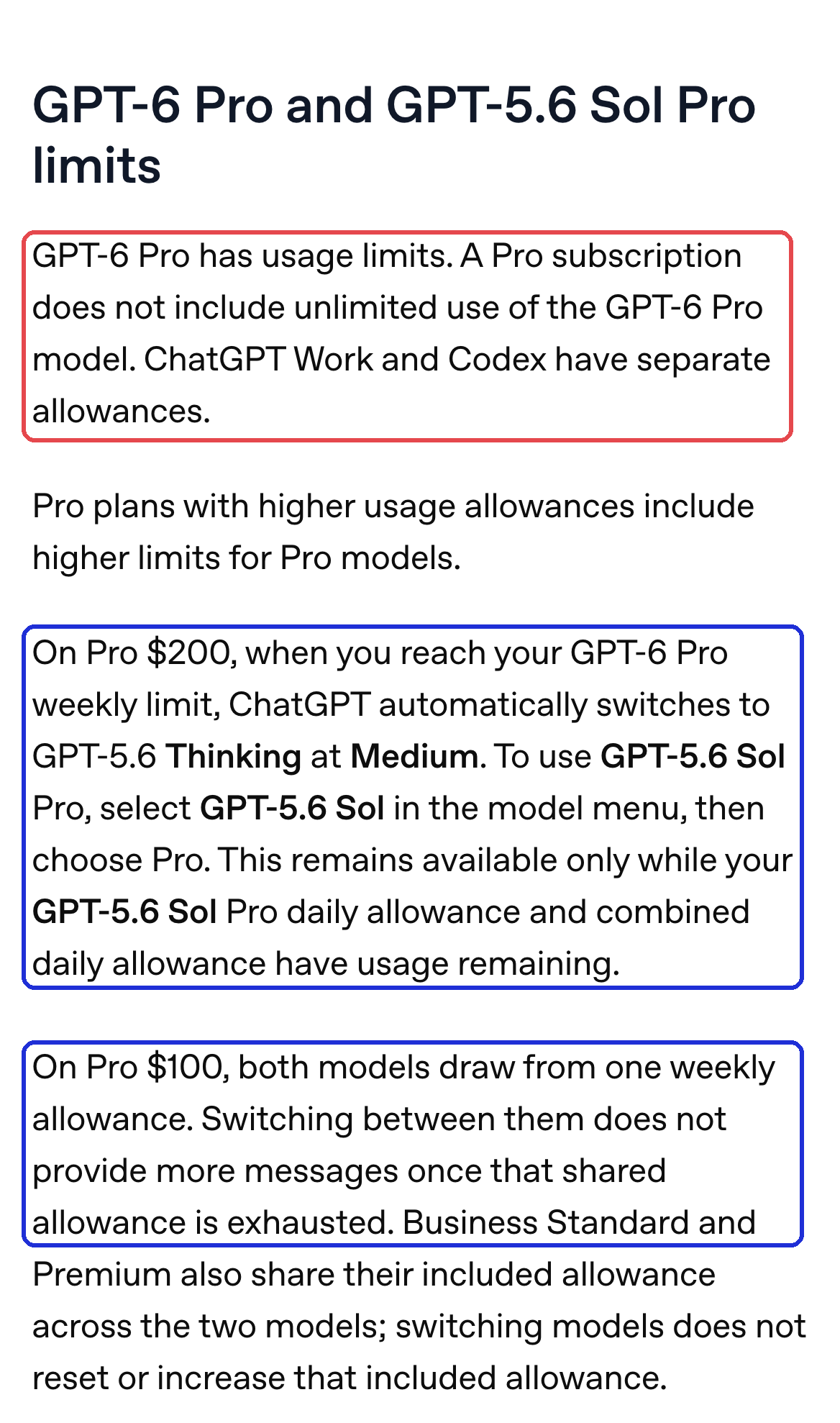 OpenAI 도움말 「GPT-6 and other models in ChatGPT」 — 「무제한이 아니다」 줄(빨강), Pro $200 · Pro $100 한도 설명(파랑) (2026-10-12 캡처)