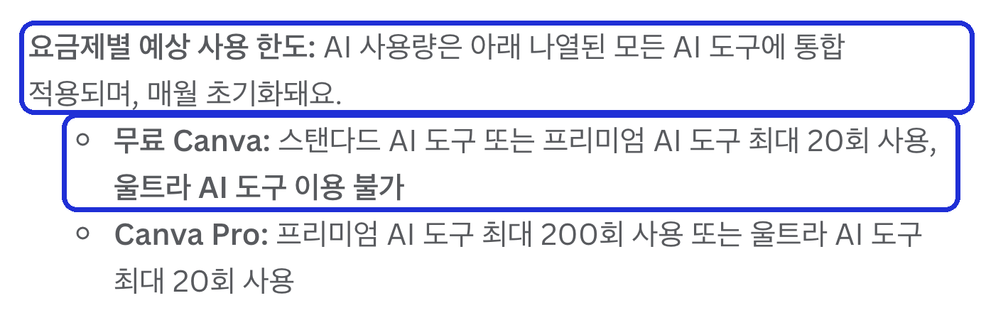 캔바 요금 페이지(한국) 자주 묻는 질문 — 「매월 초기화」와 「무료 Canva: 스탠다드 AI 도구 또는 프리미엄 AI 도구 최대 20회 사용」 줄 표시 (2026-10-12 캡처)
