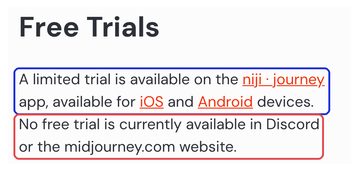 미드저니 도움말 「Free Trials」 — niji · journey 앱의 제한된 체험(파랑), 디스코드 · 웹사이트는 무료 체험 없음(빨강) (2026-10-12 캡처)