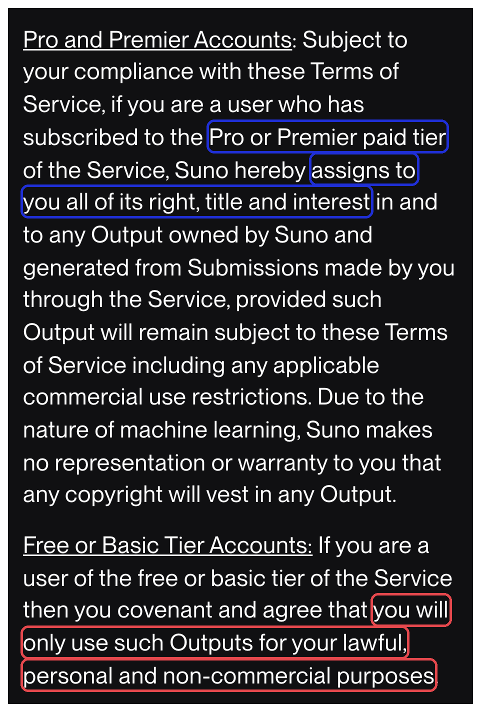 수노 이용약관 — 「Pro or Premier paid tier」에만 권리를 넘긴다는 문단(파랑)과 Free · Basic은 「personal and non-commercial purposes」로만 쓰라는 문단(빨강) (2026-10-12 캡처)