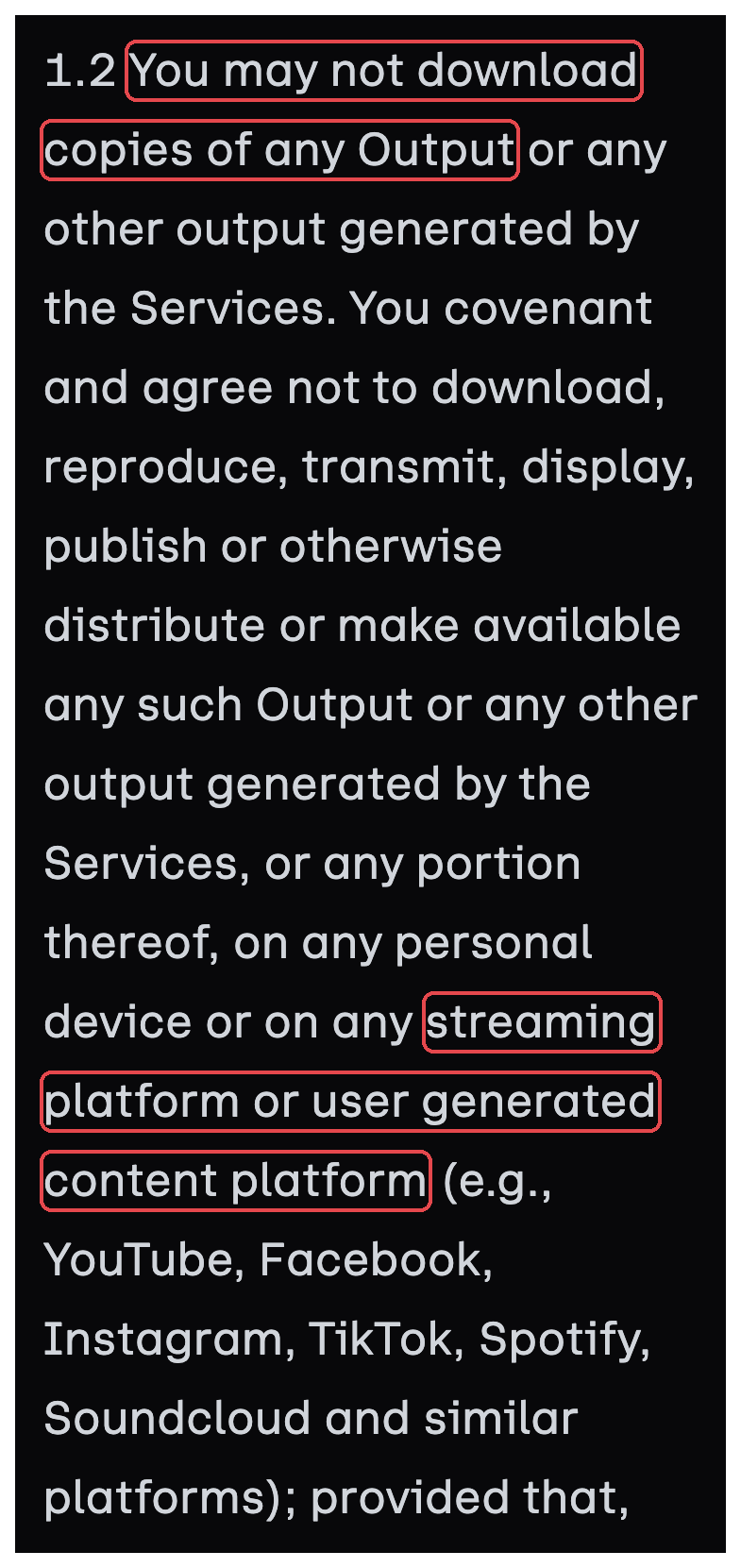 유디오 이용약관 1.2 — 「You may not download copies of any Output」와 유튜브 · 인스타그램 · 스포티파이 등 「streaming platform or user generated content platform」 게시 금지 표시 (2026-10-12 캡처)