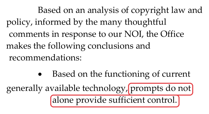 미국 저작권청 「Copyright and Artificial Intelligence, Part 2: Copyrightability」(2025-01) p.iii 결론 — 「prompts do not alone provide sufficient control.」 표시 (2026-10-12 PDF 캡처)
