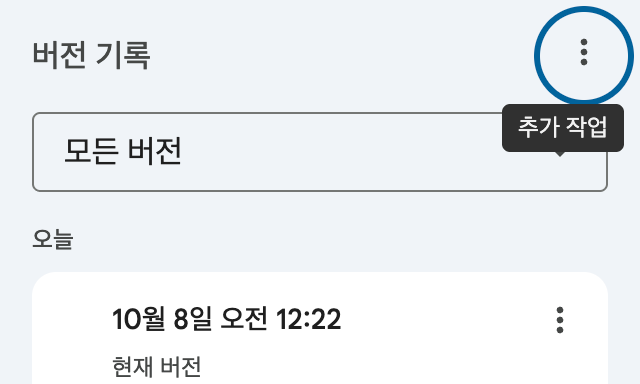 구글 문서 버전 기록 창 — 시각별로 버전이 남는다 (2026-10-08 직접 만든 문서)